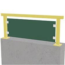 Gult gelænder med grønt panel på betonmur