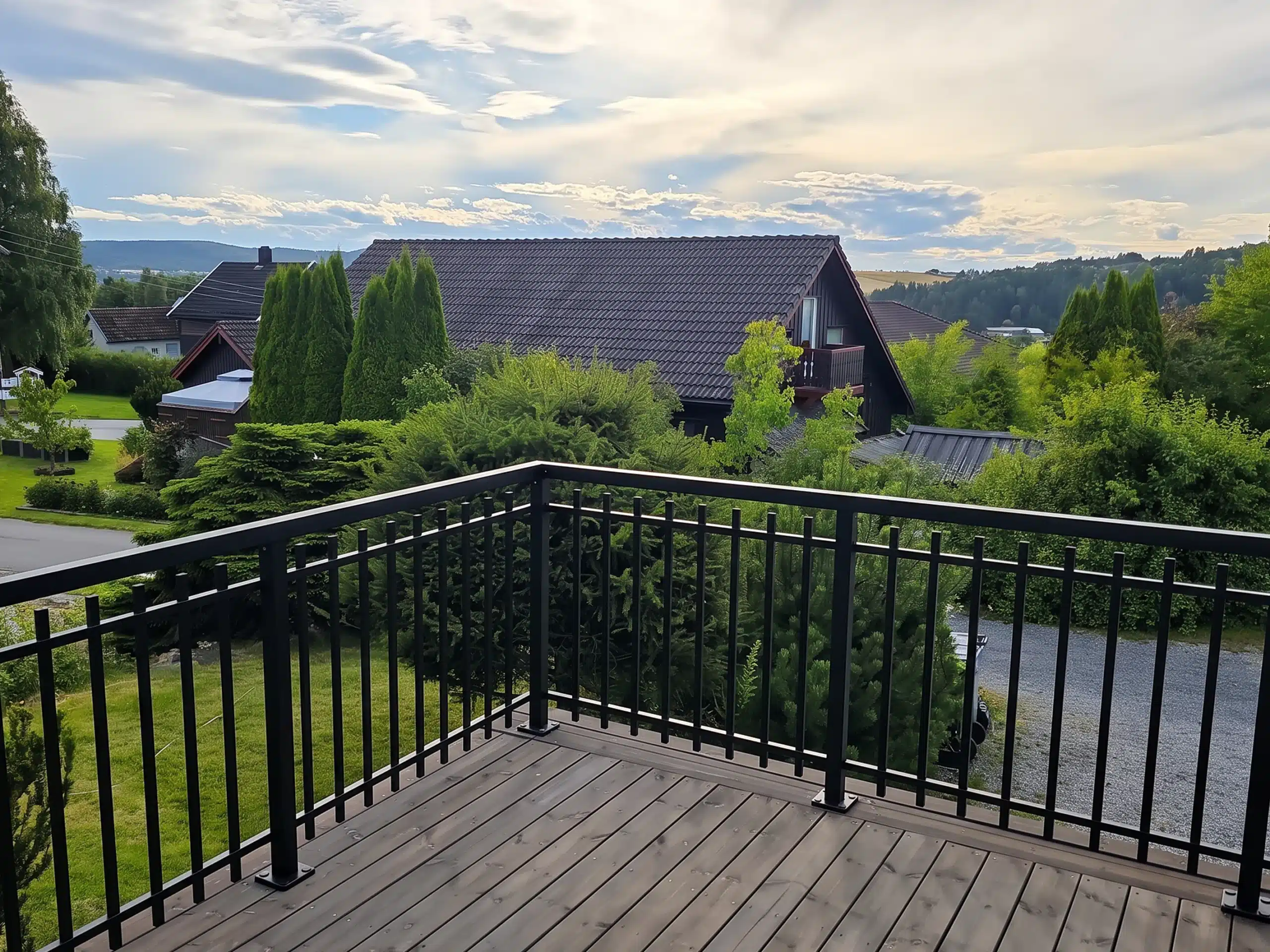 Sort gelænder med lodrette lodrette stænger  på en altan i et udsat udendørsmiljø med have, hus og åben udsigt i baggrunden.