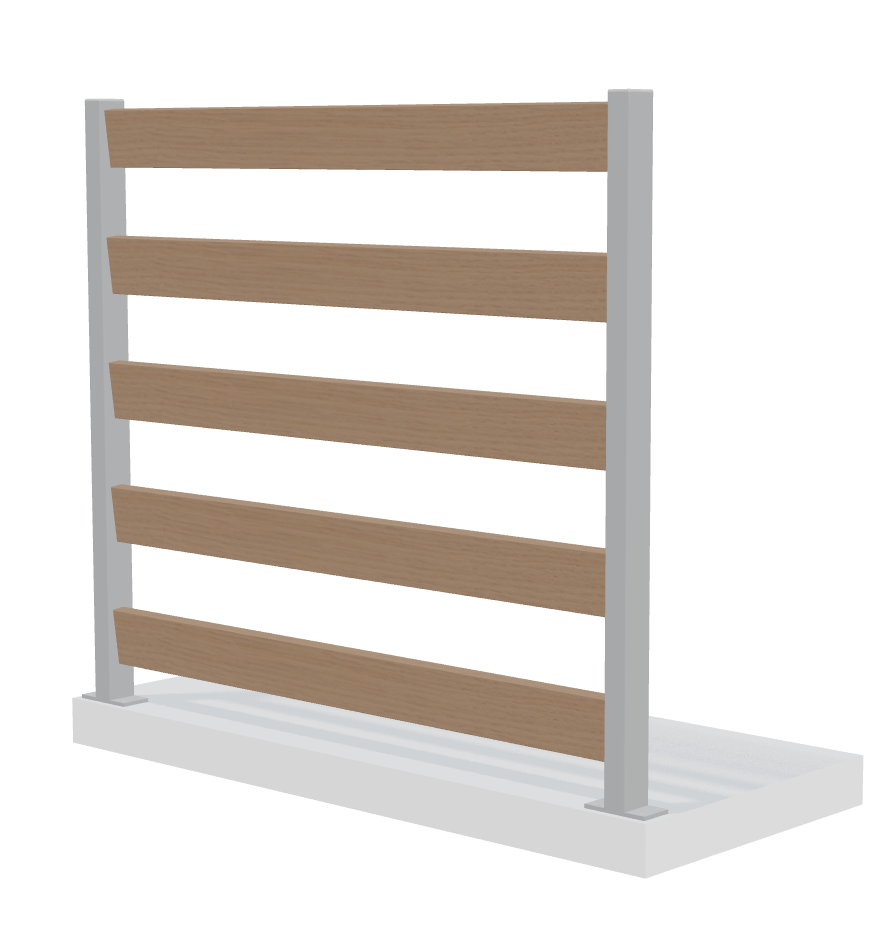 Verto hegn med 5 brede vandrette lameller  og grå stolper, minimalistisk design.