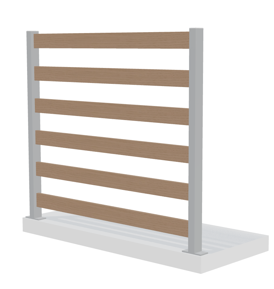 Verto hegn med 7 horisontale lameller og grå stolper, et luftigt og moderne design.