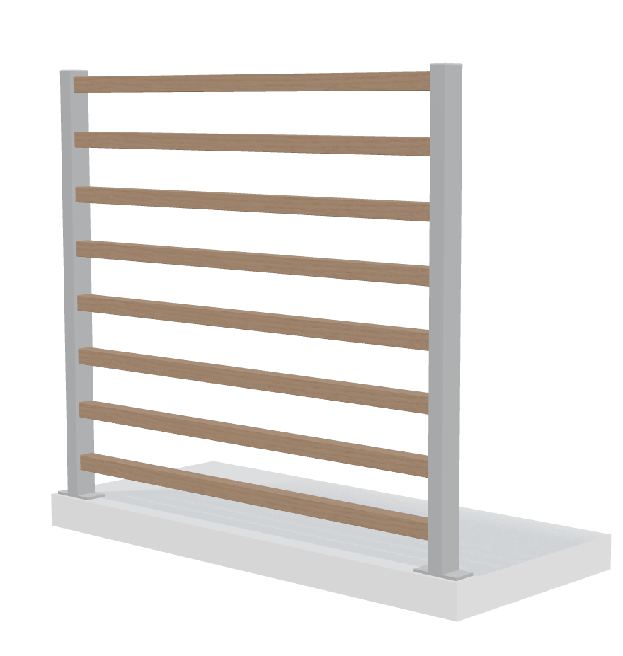 Verto hegn med 7 vandrette trælameller  og grå stolper i åbent design.